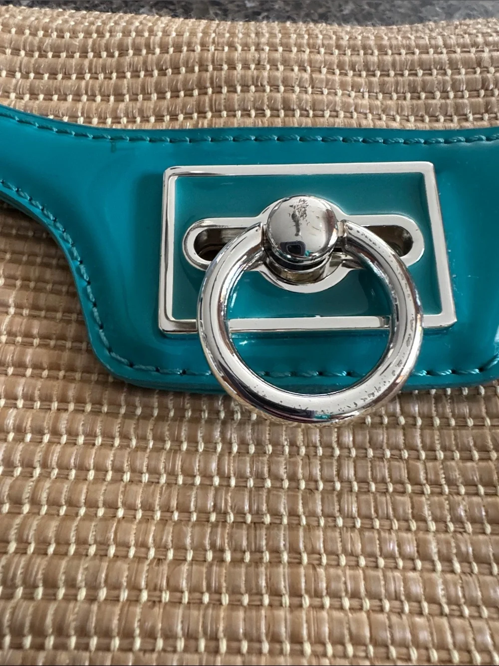 Ann Taylor Turquoise Trim Straw Shoulder Bag w/silver accents Like New